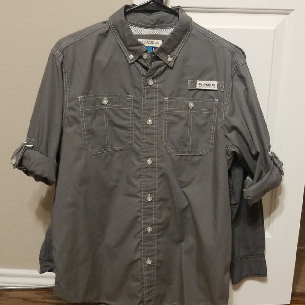 Magellan men's small fish gear button down shirt